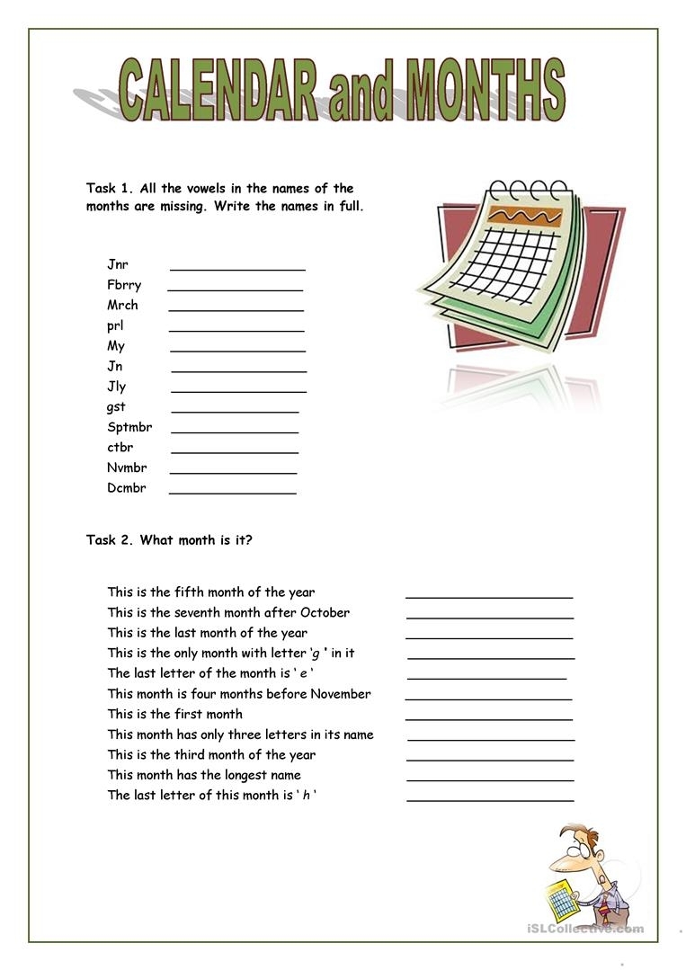 Calendar And Months - English Esl Worksheets