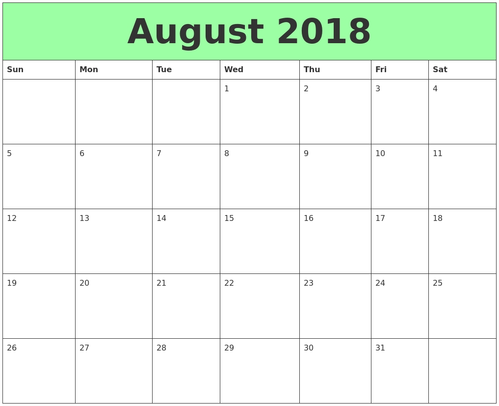 Calendar August 2018 Printable – Landscape Format | August