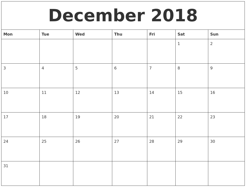 Calendar December 2018 Uk | Monthly Calendar Template