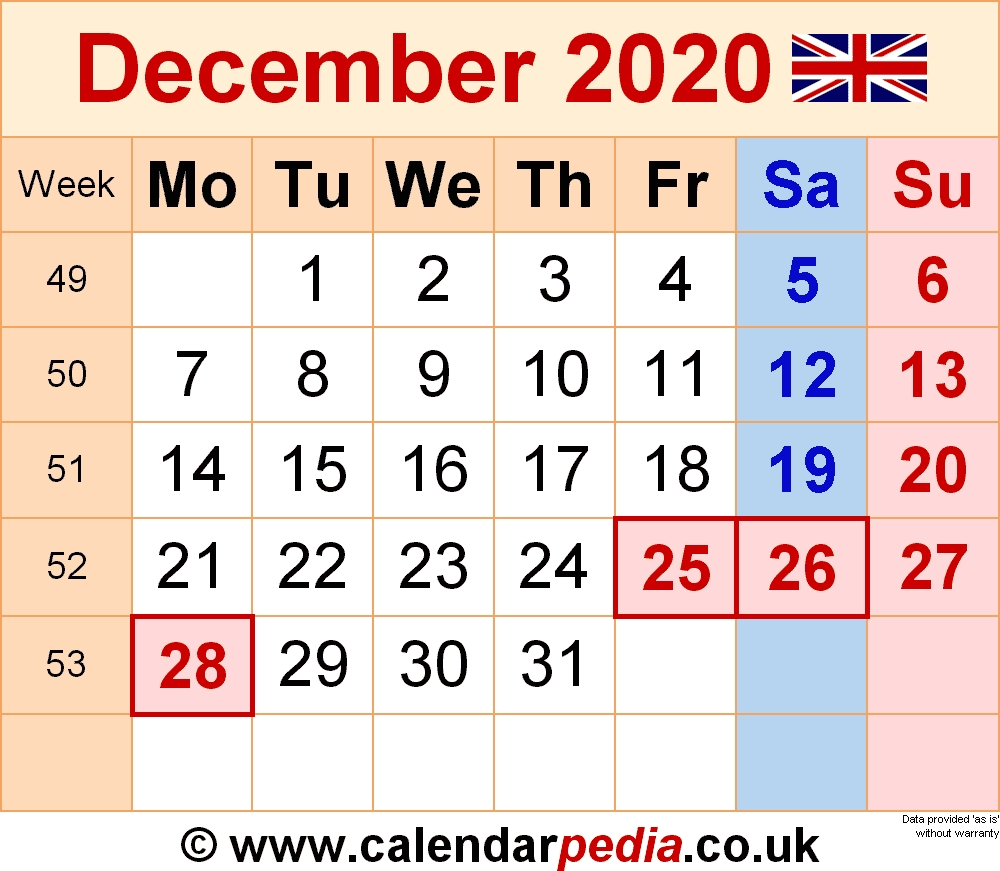 Calendar December 2020 Uk, Bank Holidays, Excel/pdf/word