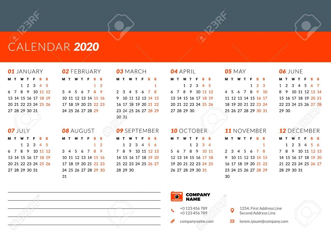 Calendar Design Template For 2020 Year. Week Starts On Monday