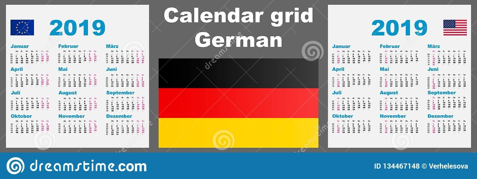 Calendar Deutsche, German 2019 Set Grid Wall Iso 8601