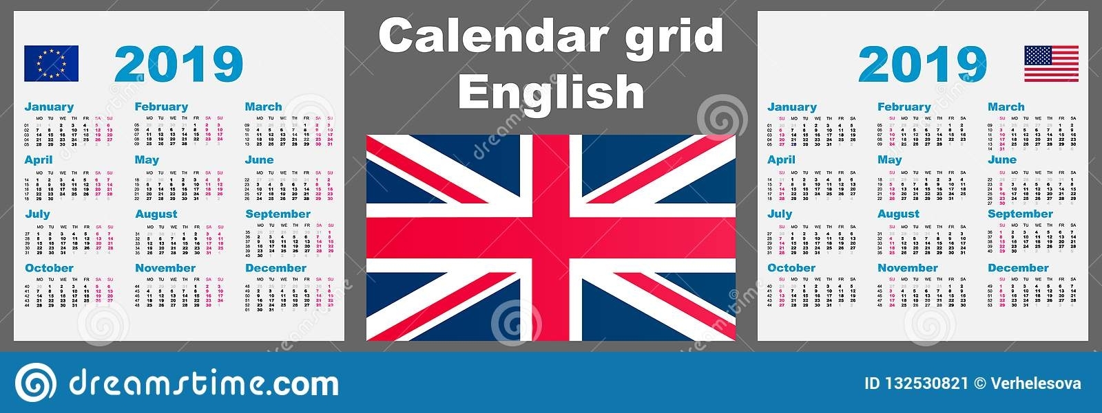 Calendar English 2019 Set Grid Wall Iso 8601 Illustration