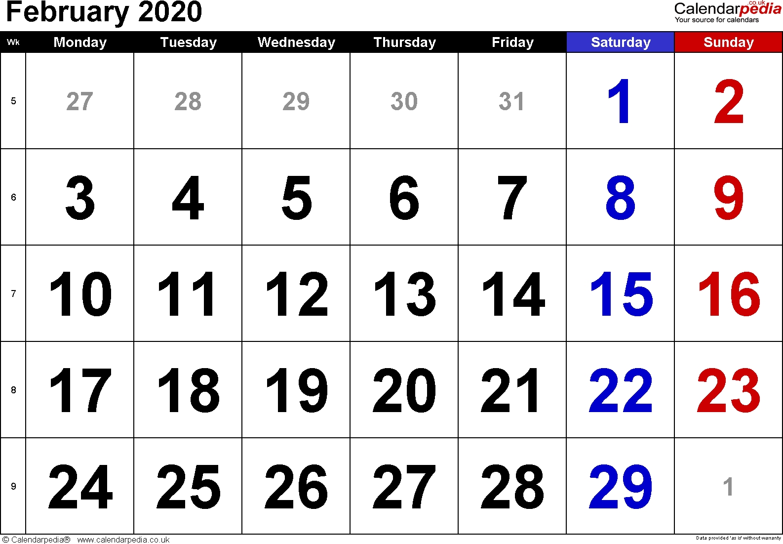 Calendar February 2020 Uk, Bank Holidays, Excel/pdf/word