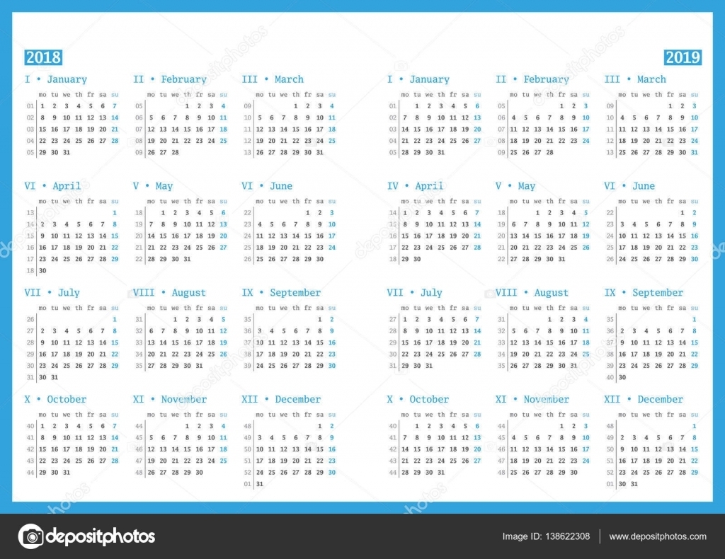 Calendar For 2018 And 2019 Year On White Background. Vector
