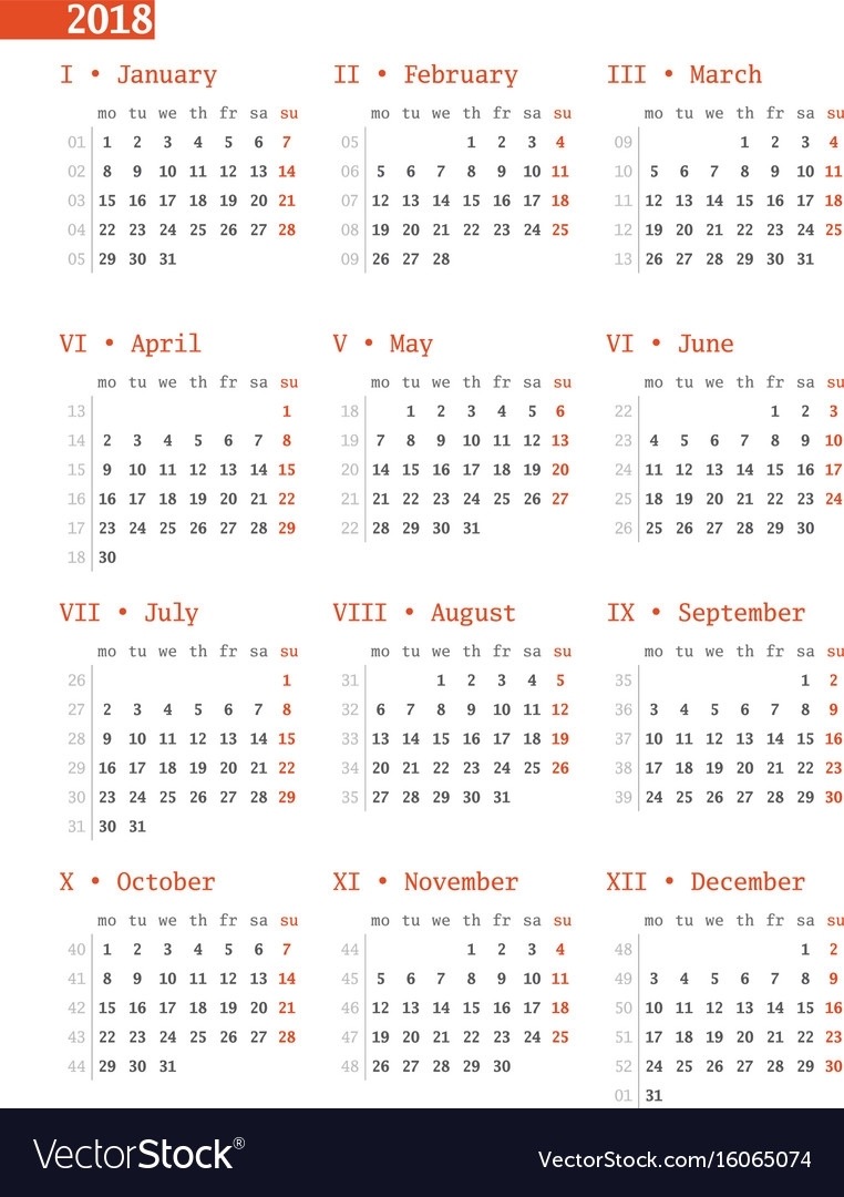 Calendar For 2018 Year With Week Numbers On White