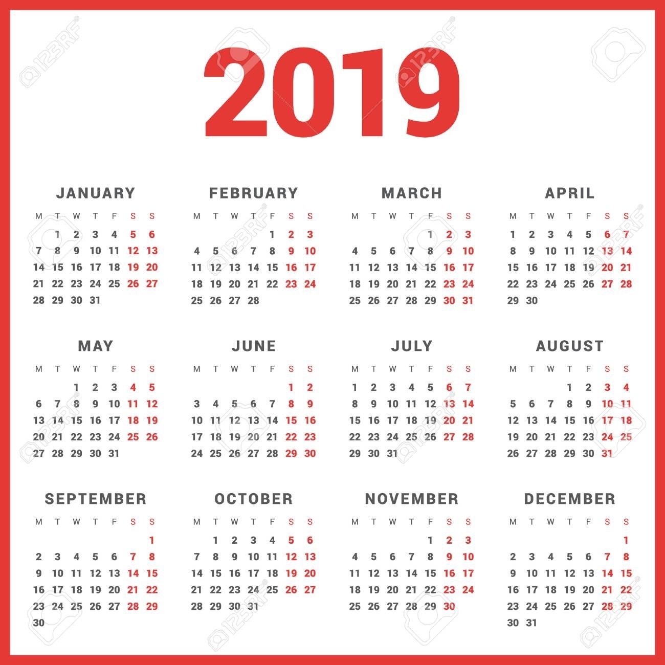 Calendar For 2019 Year On White Background. Week Starts Monday