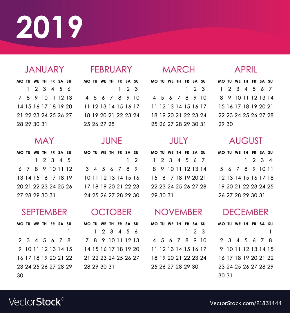 Calendar For 2019 Year Week Starts Monday