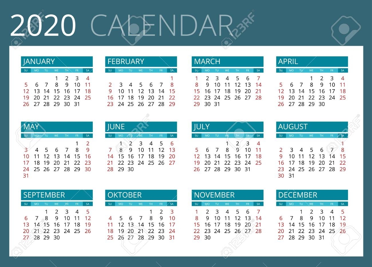 Calendar For 2020. Week Starts Sunday. Simple Vector Design
