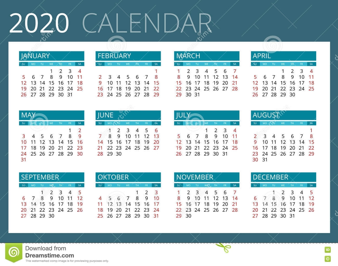 Calendar For 2020. Week Starts Sunday. Simple Vector Design