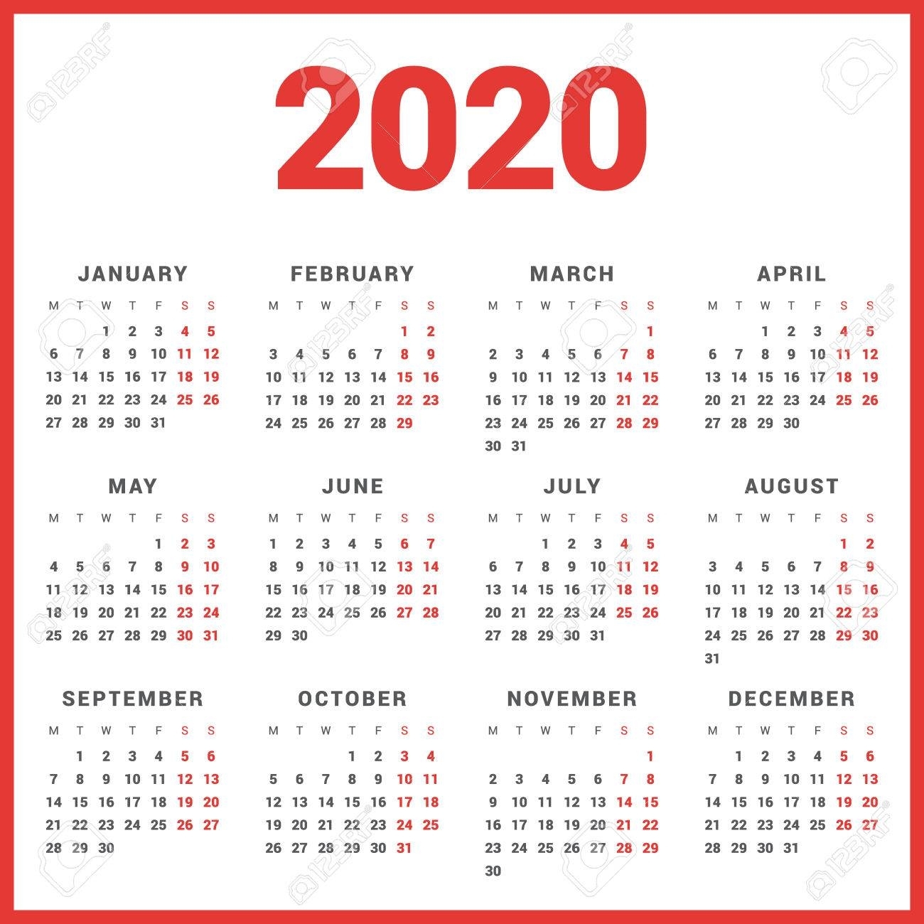 Calendar For 2020 Year On White Background. Week Starts Monday