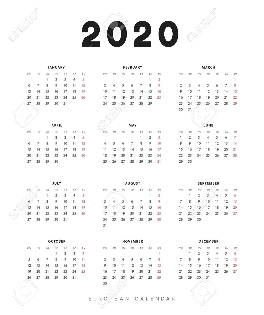 Calendar For 2020 Year. Week Starts On Monday. Planner For 12..