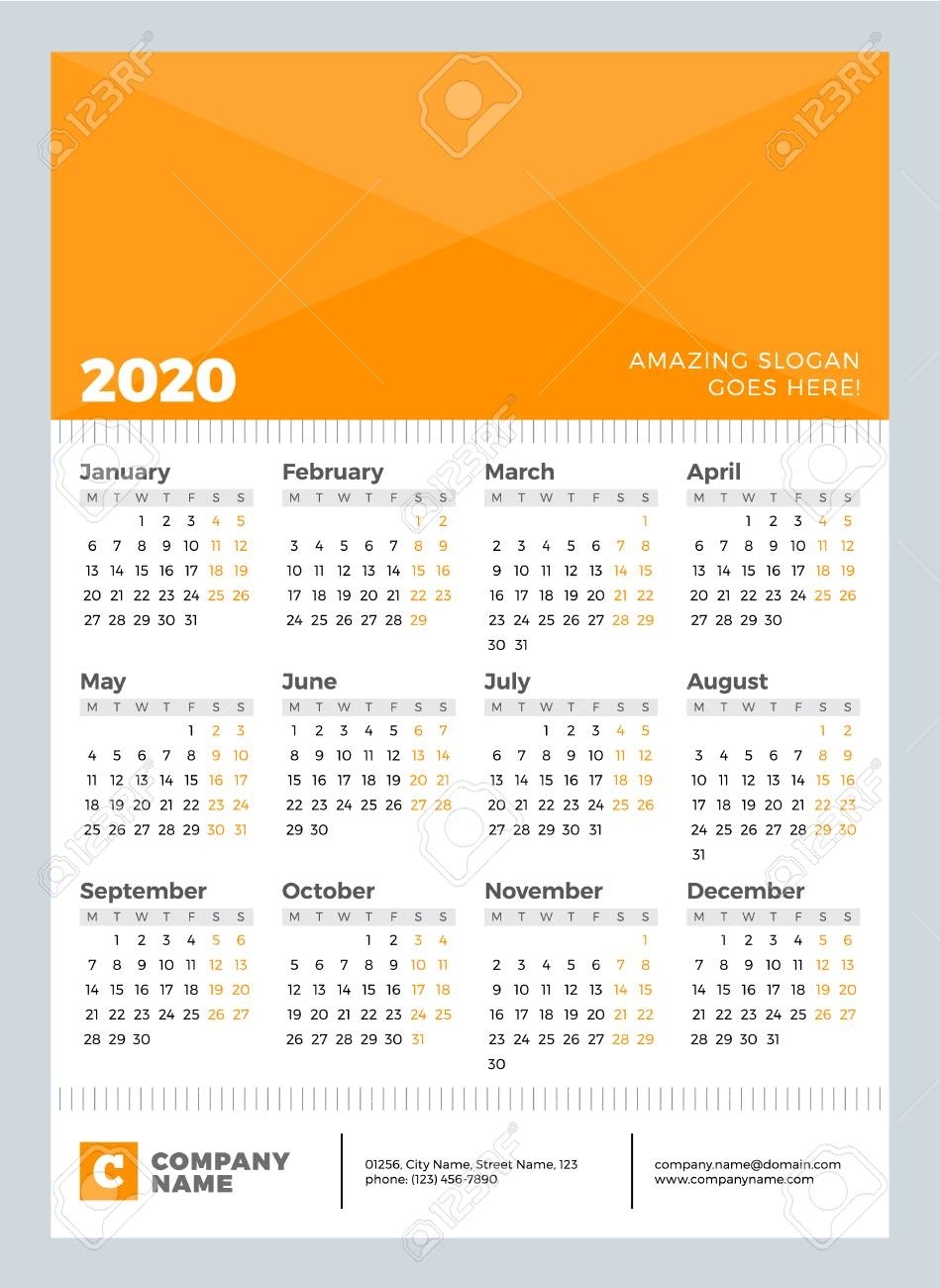 Calendar For 2020 Year. Week Starts On Monday. Vector Design..