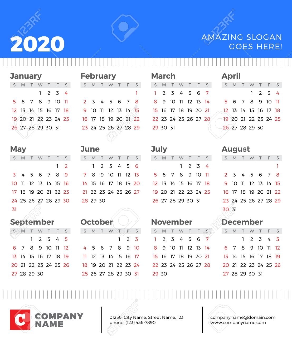 Calendar For 2020 Year. Week Starts On Sunday. Vector Design..