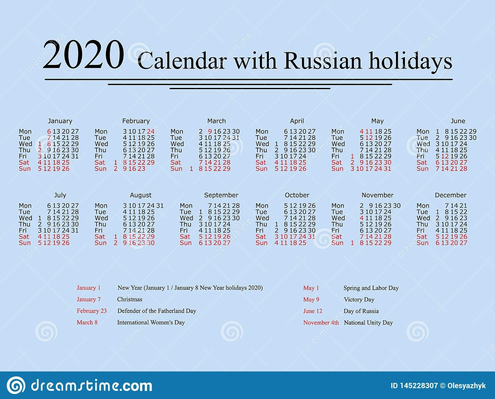 Calendar For 2020 Year With Russian Holidays And Weekends
