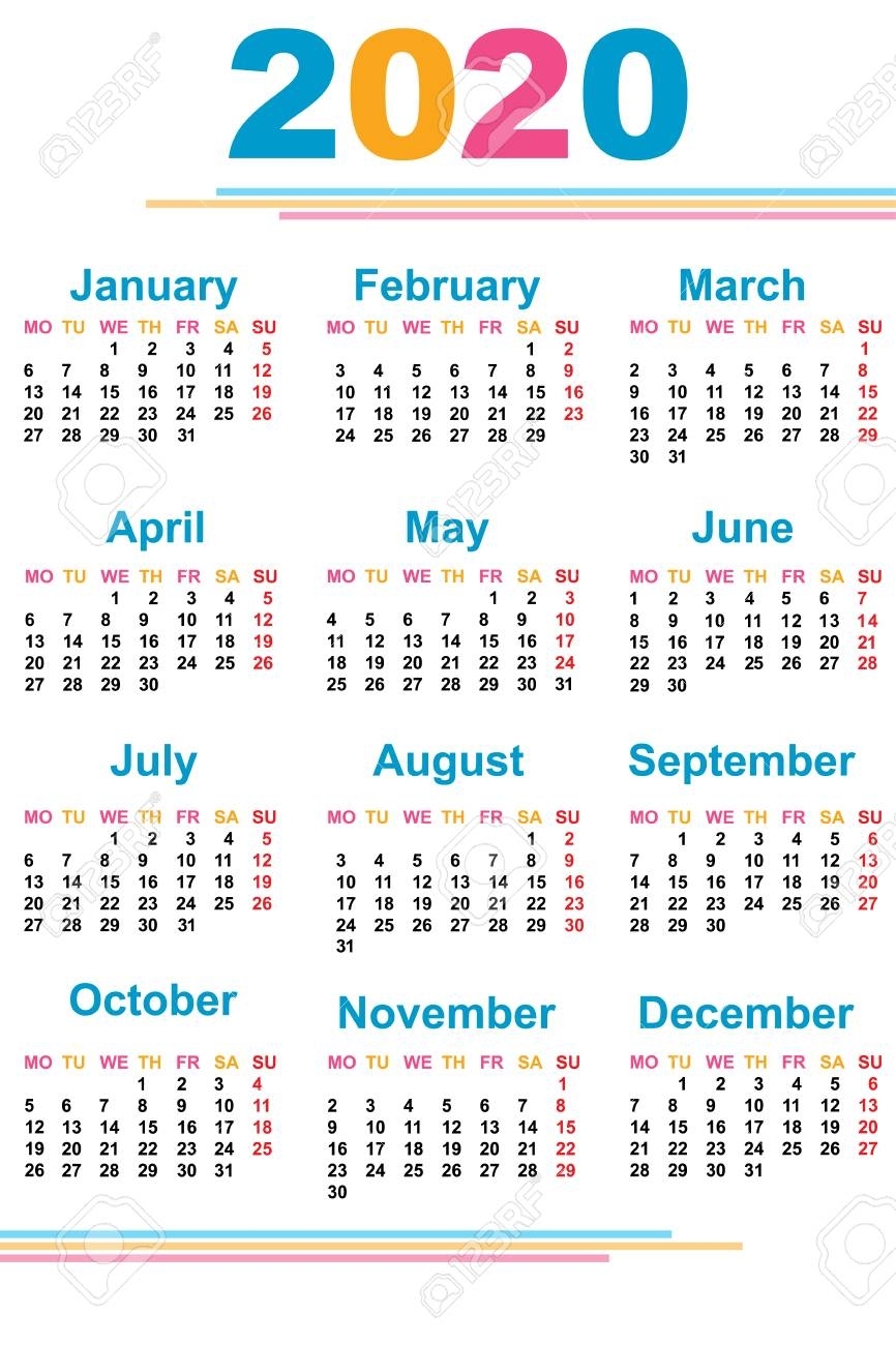 Calendar For The New Year. 2020. Grid. Date. For Your Design.