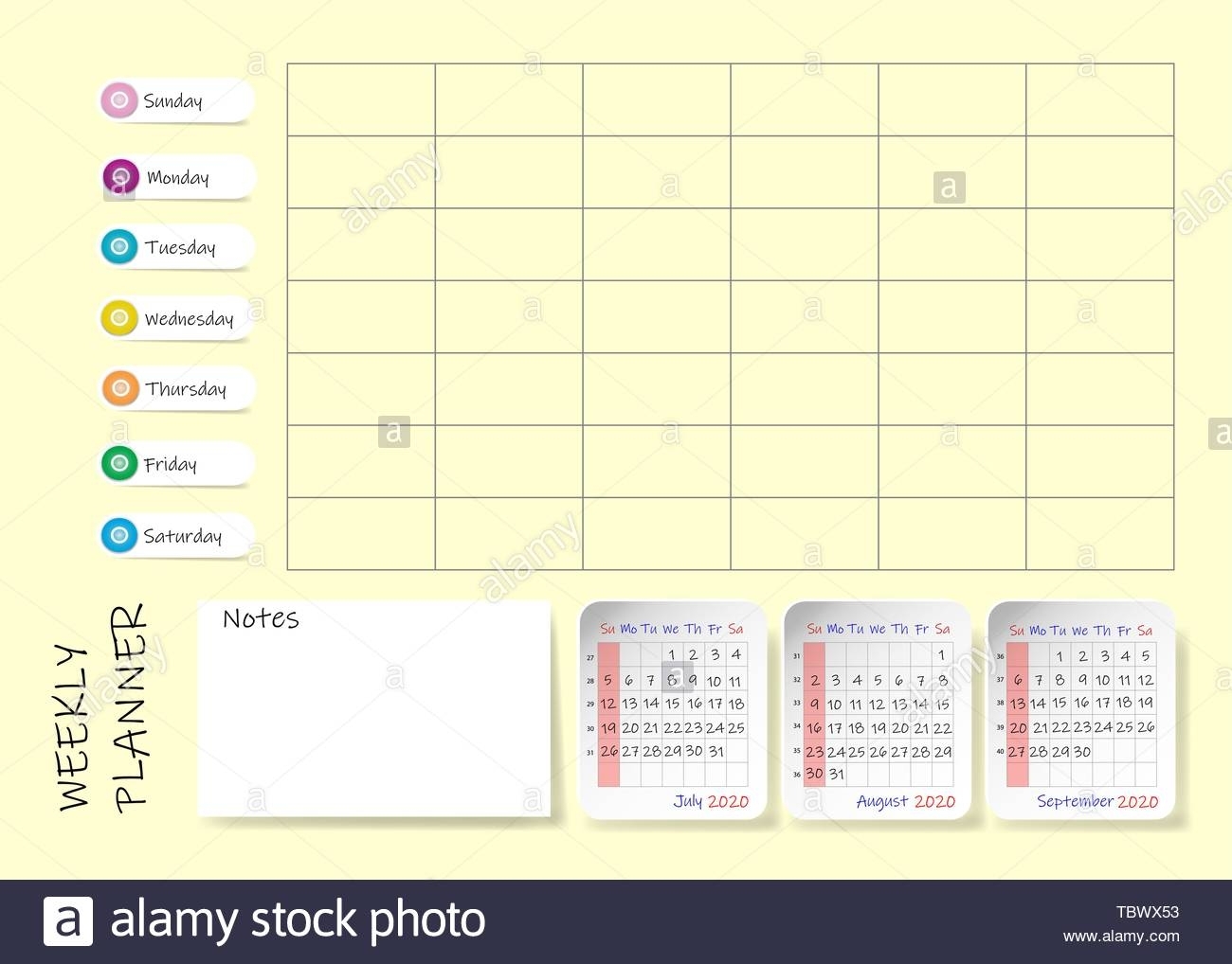 Calendar For Third Quarter Of 2020 Year With Weekly Planner