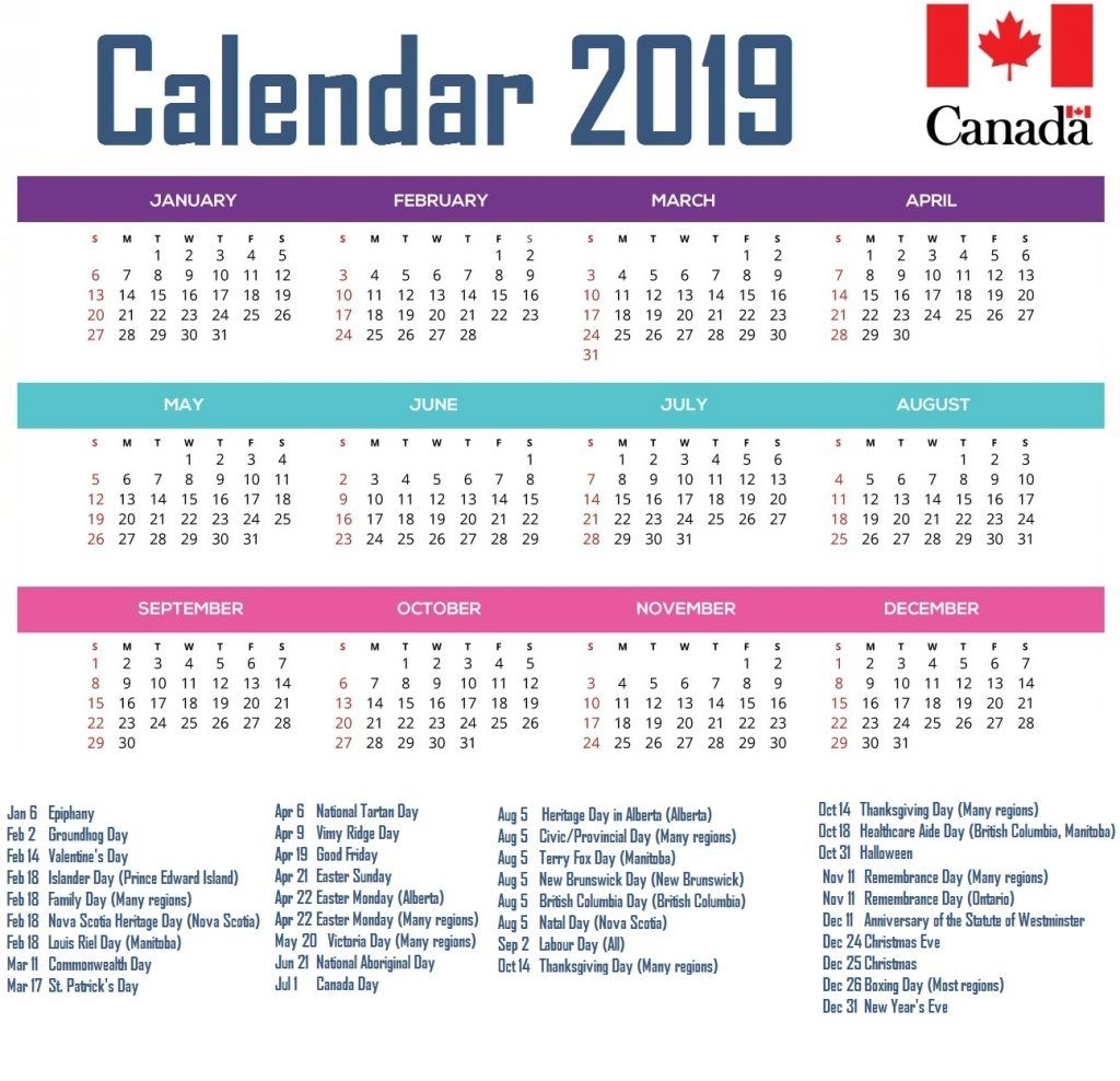 Calendar For Year 2019 Canada #canadacalendar