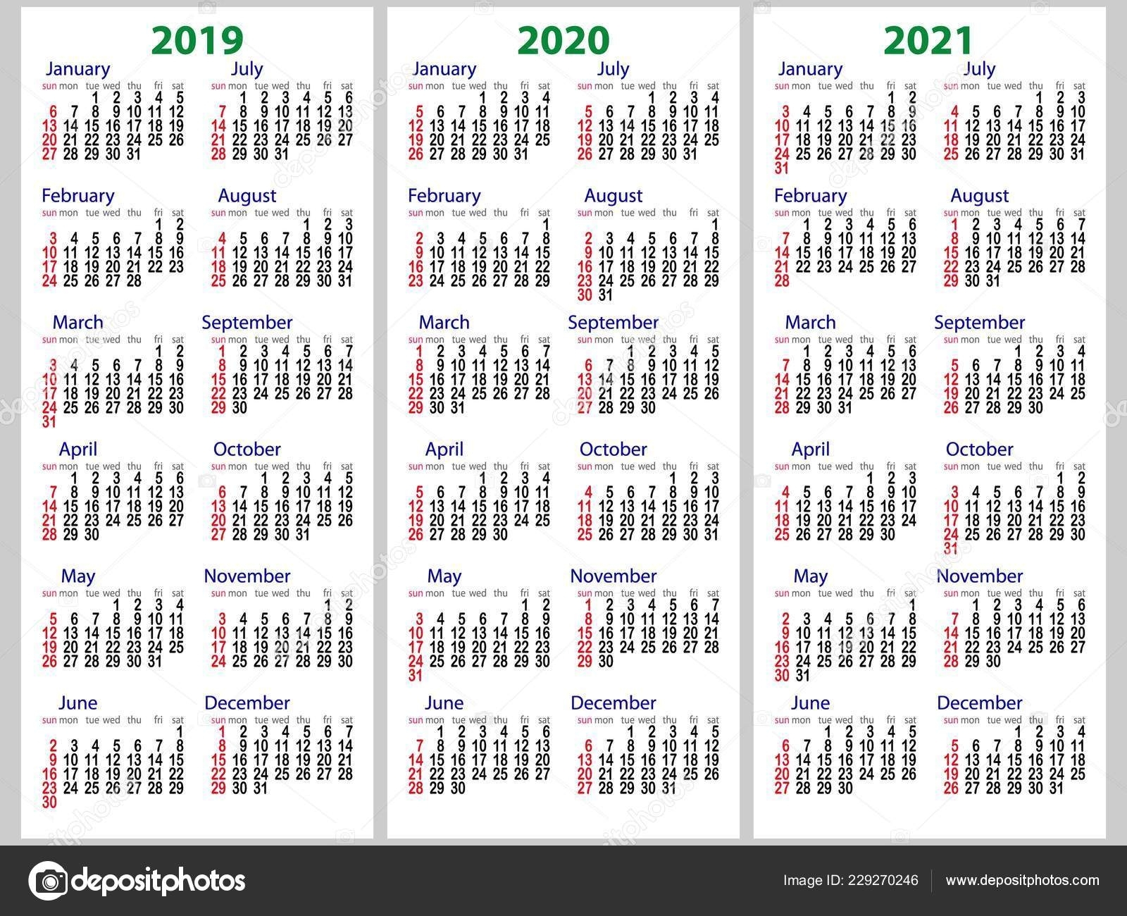 Calendar Grid 2019 2020 2021 Years Set Week Starts Sunday