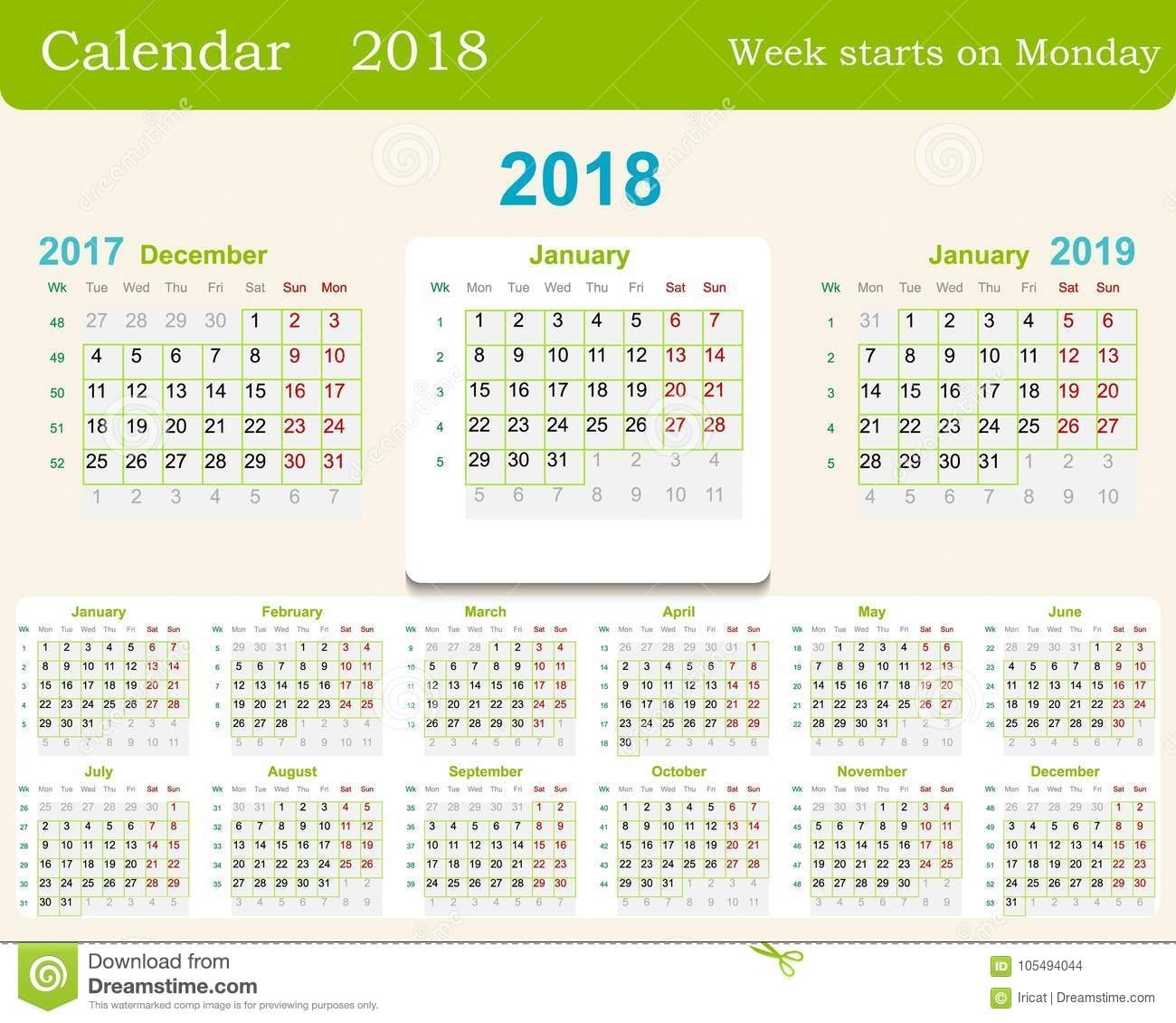 Calendar Grid For 2018 Week Starts From Monday And From