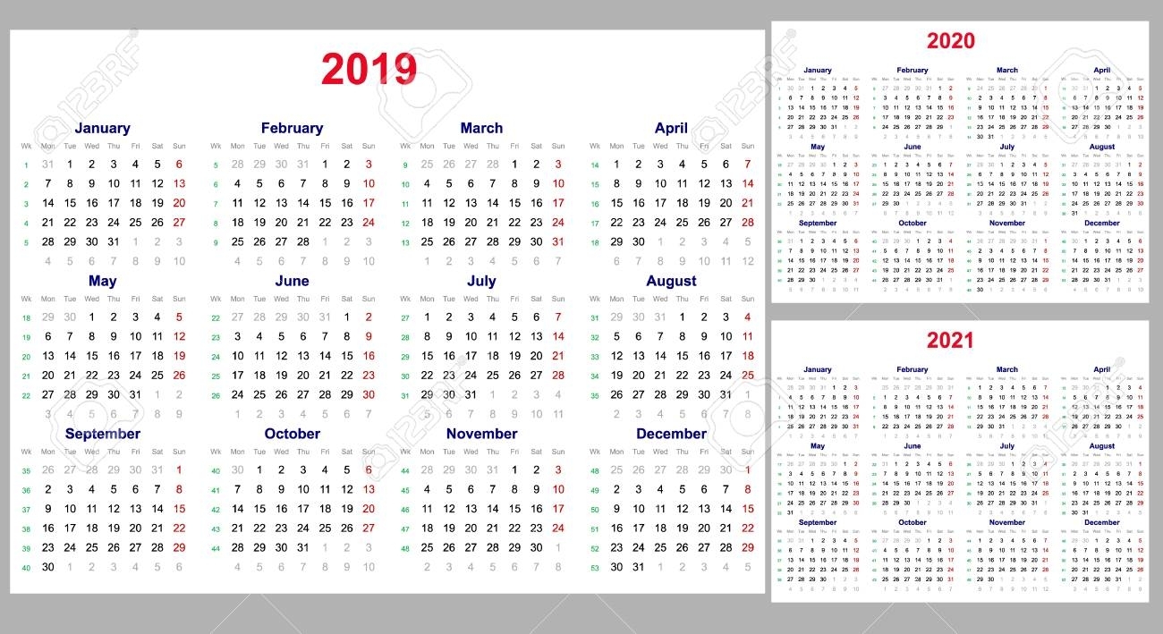 Calendar Grid For 2019, 2020 And 2021 Years Set. The Week Starts..