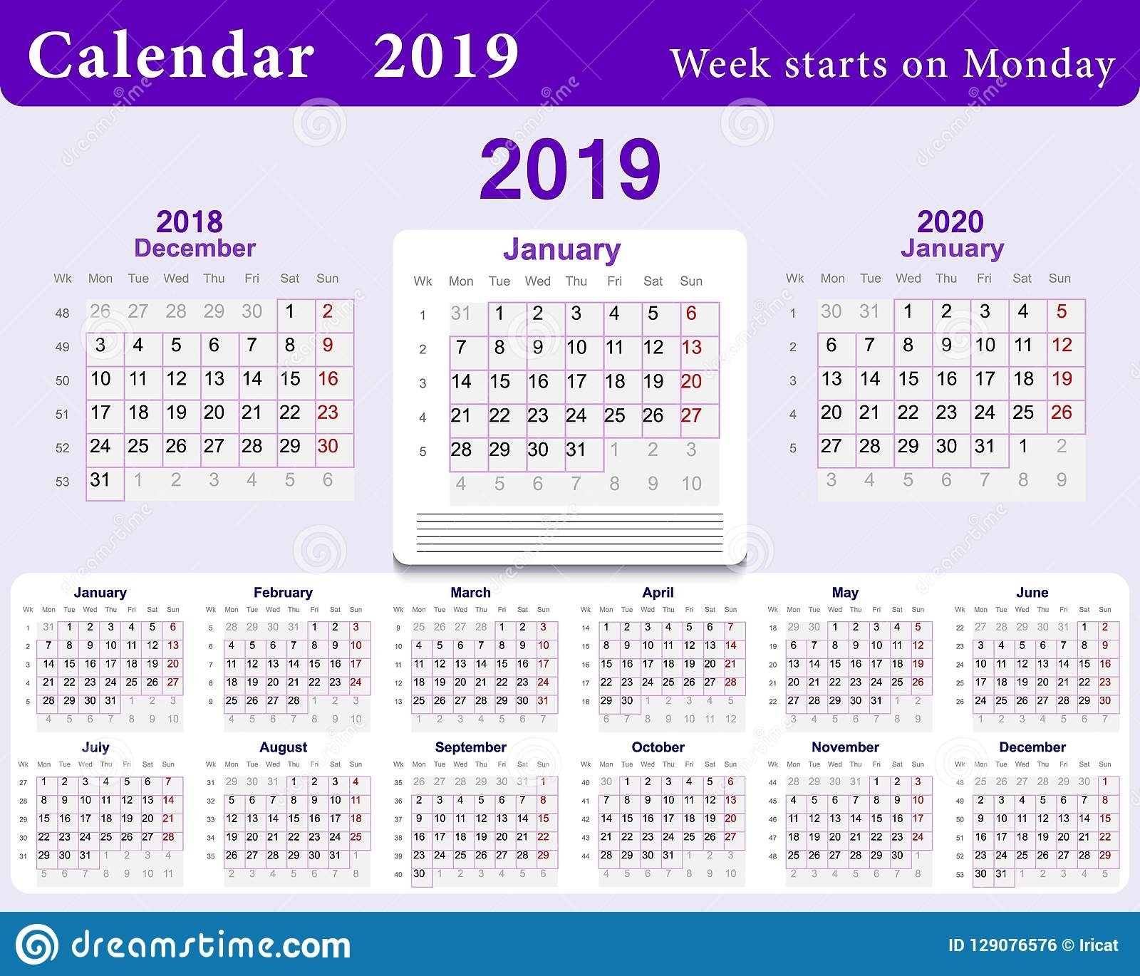 Calendar Grid For 2019 In English Language. Wall Template In