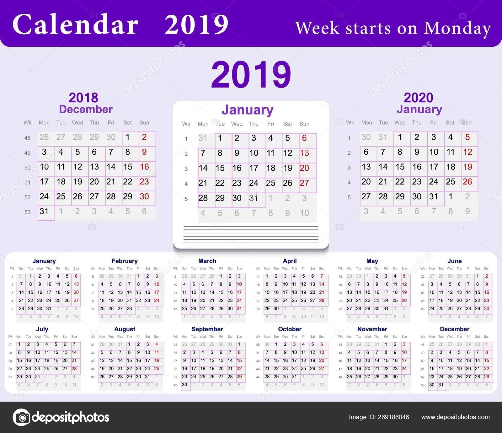 Calendar Grid For 2019 In English Language. Wall Template In