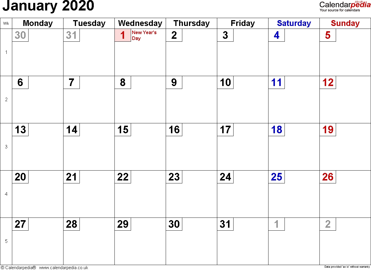 Calendar January 2020 Uk, Bank Holidays, Excel/pdf/word