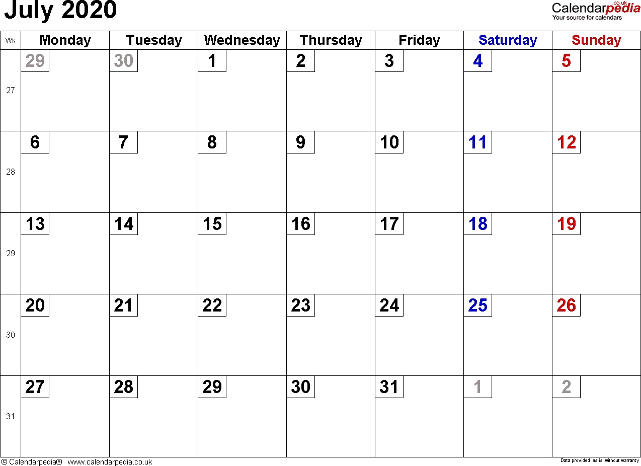 Calendar July 2020 Uk, Bank Holidays, Excel/pdf/word Templates