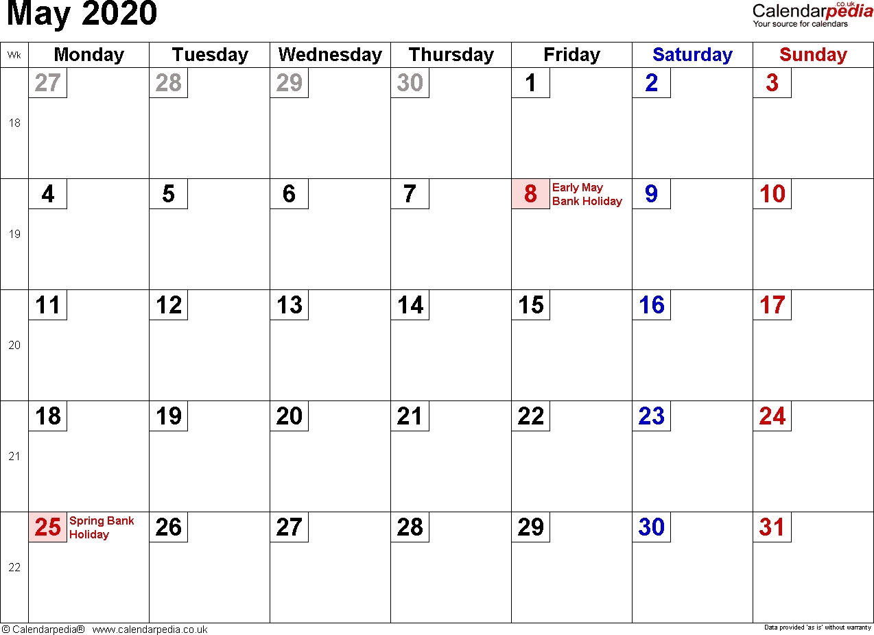 Calendar May 2020 Uk, Bank Holidays, Excel/pdf/word Templates