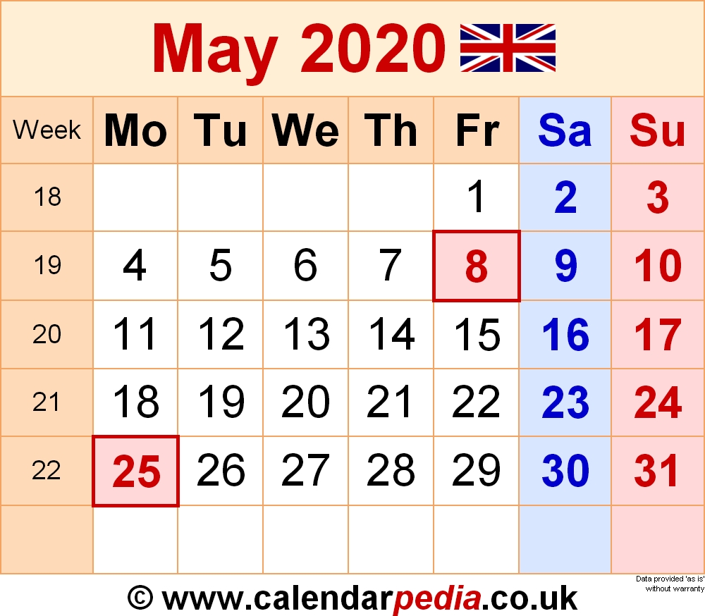 Calendar May 2020 Uk, Bank Holidays, Excel/pdf/word Templates