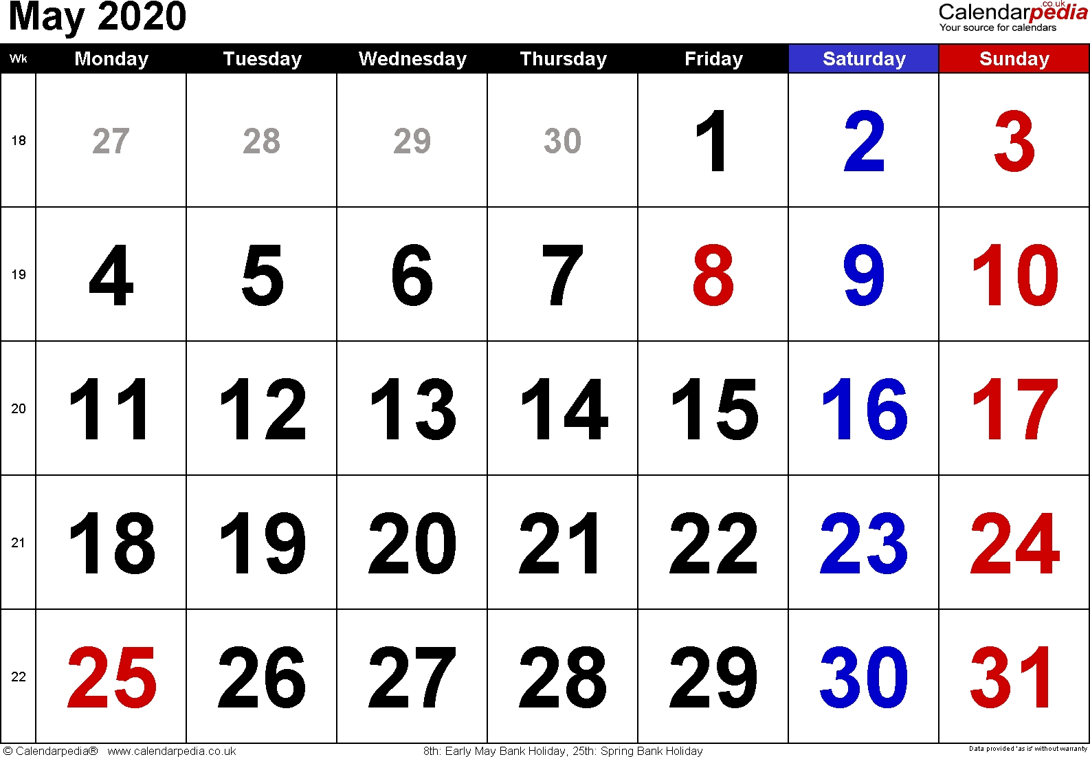 Calendar May 2020 Uk, Bank Holidays, Excel/pdf/word Templates