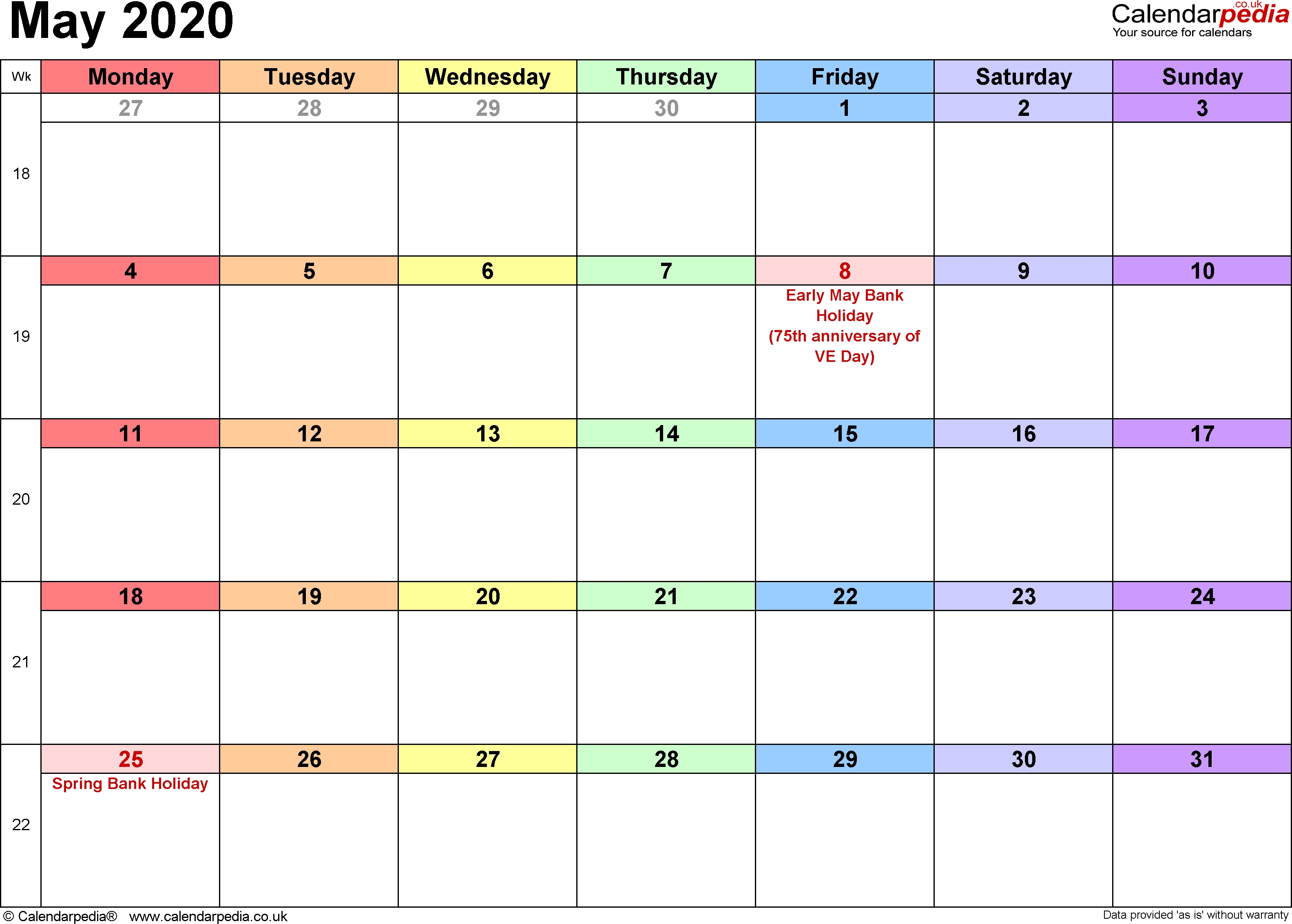 Calendar May 2020 Uk, Bank Holidays, Excel/pdf/word Templates