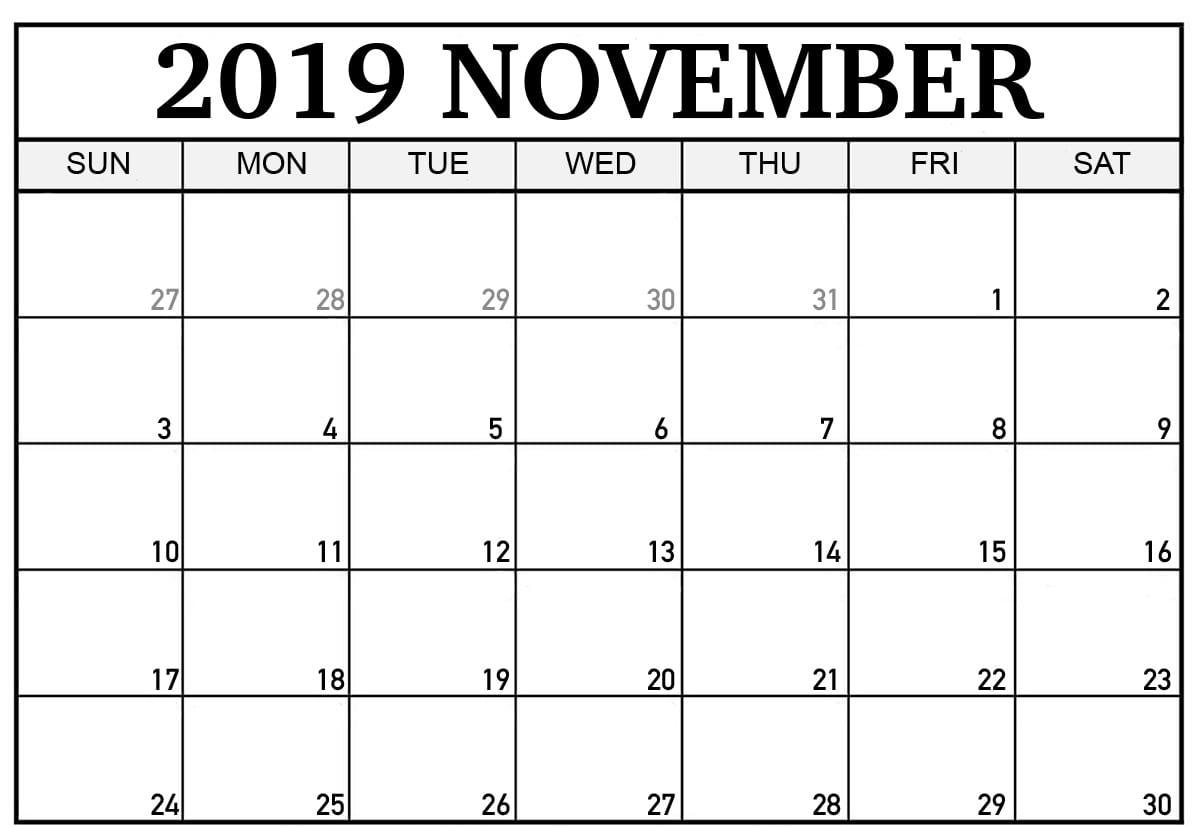 Calendar November 2019 In Pdf, Word, Excel Printable Template