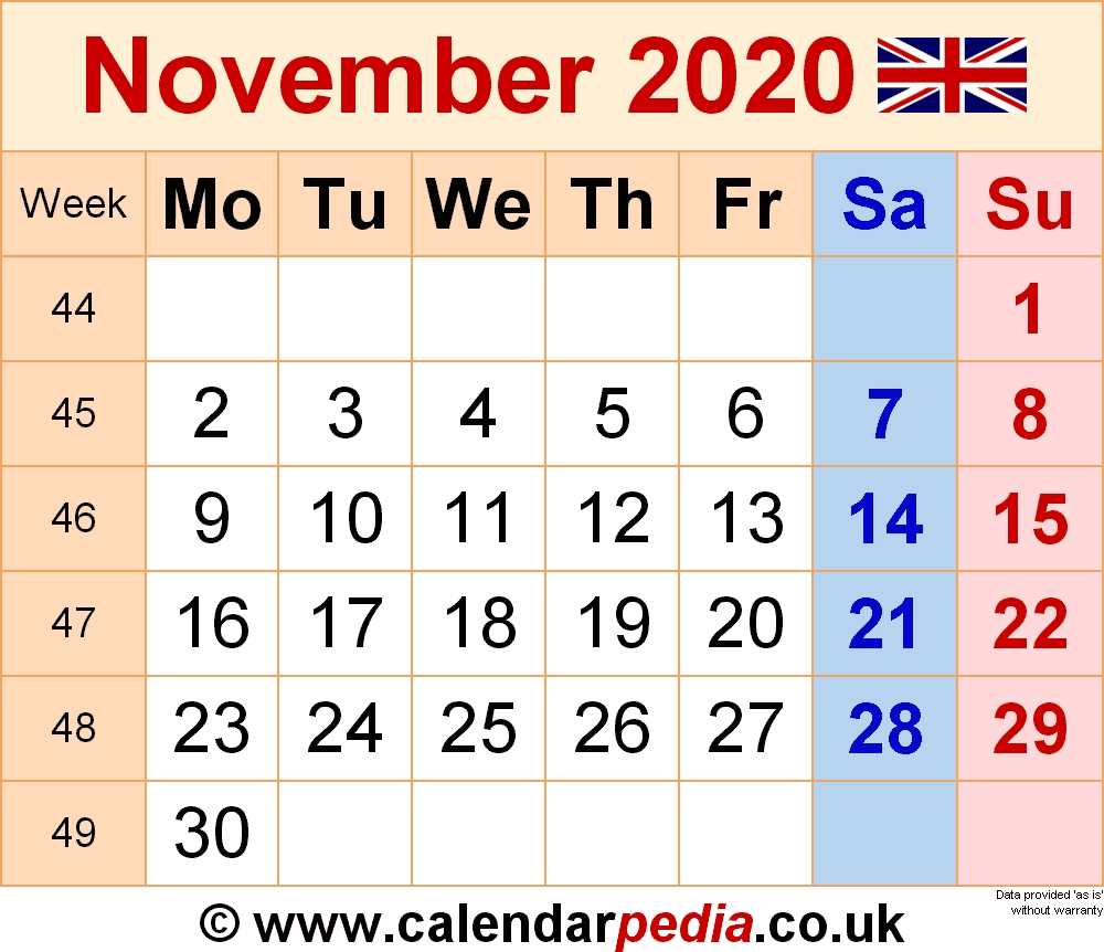 Calendar November 2020 Uk, Bank Holidays, Excel/pdf/word