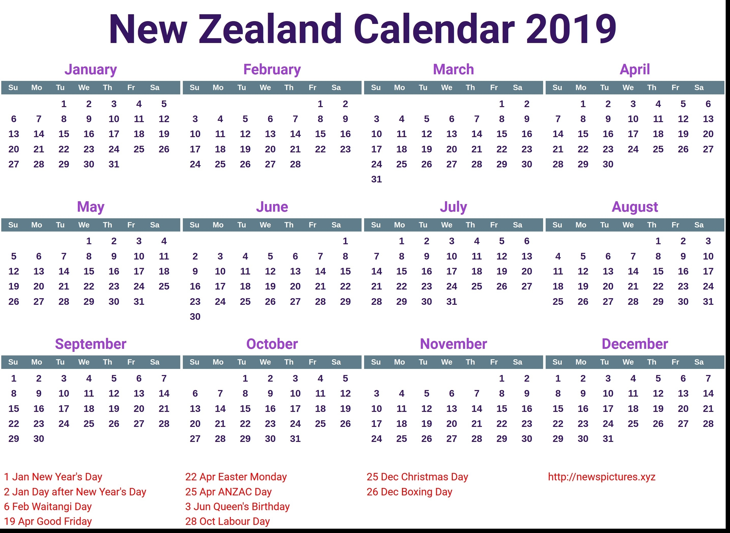 Calendar Nz Holidays | One Page Calendar Printable