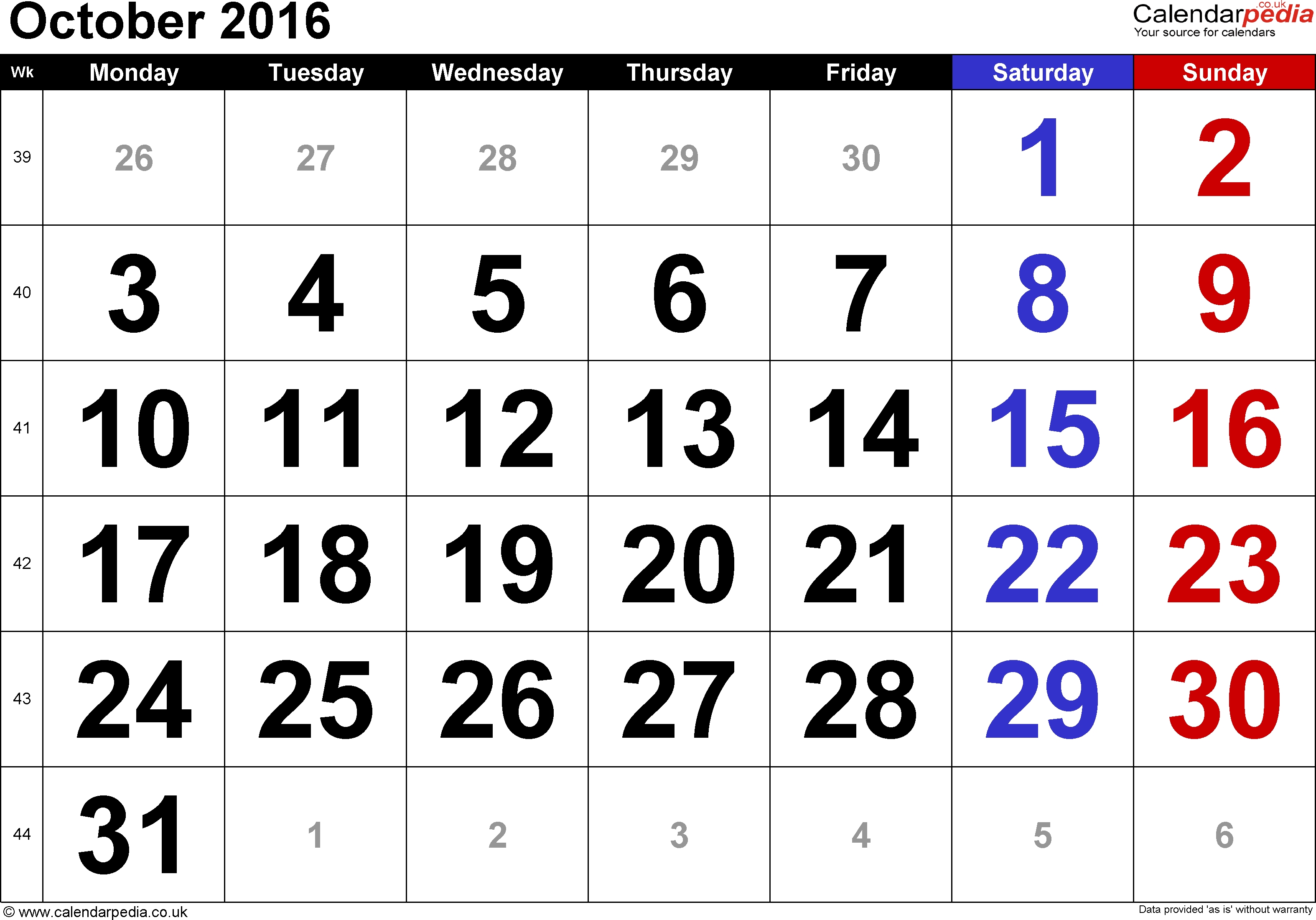 Calendar October 2016 Uk, Bank Holidays, Excel/pdf/word