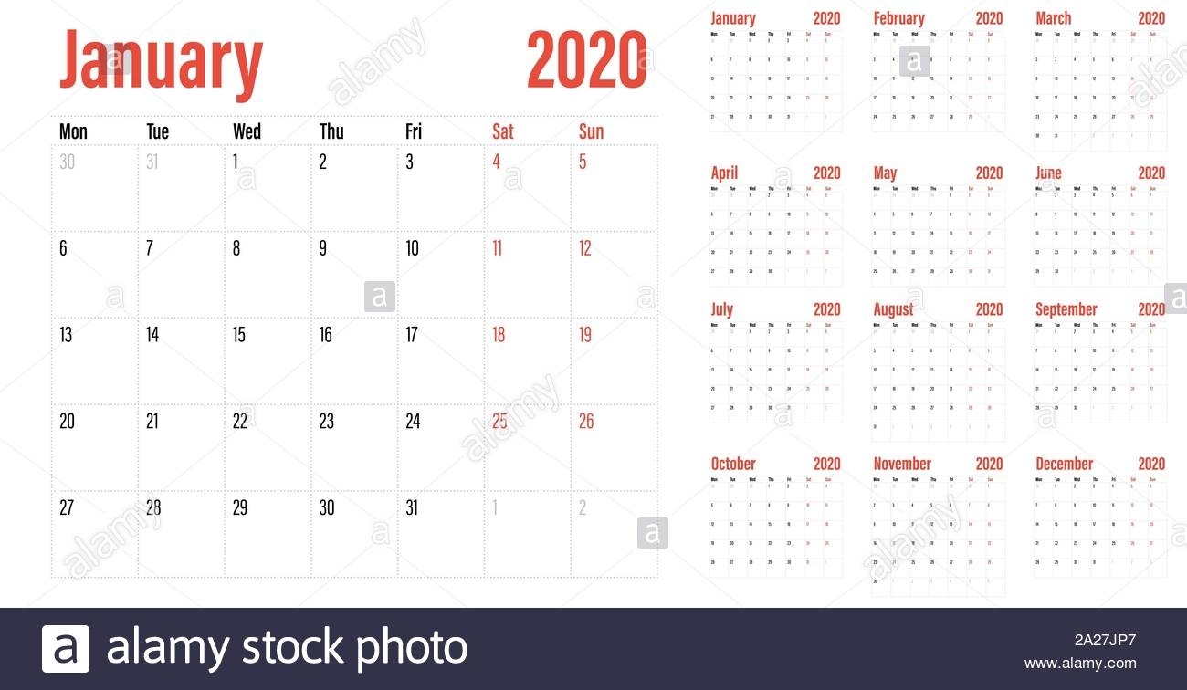 Calendar Planner 2020 Template Vector Illustration All 12