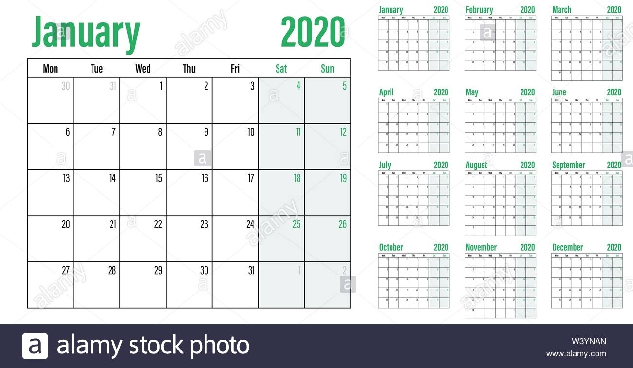 Calendar Planner 2020 Template Vector Illustration All 12