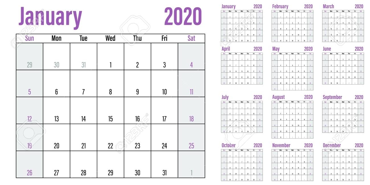 Calendar Planner 2020 Template Vector Illustration All 12 Months..