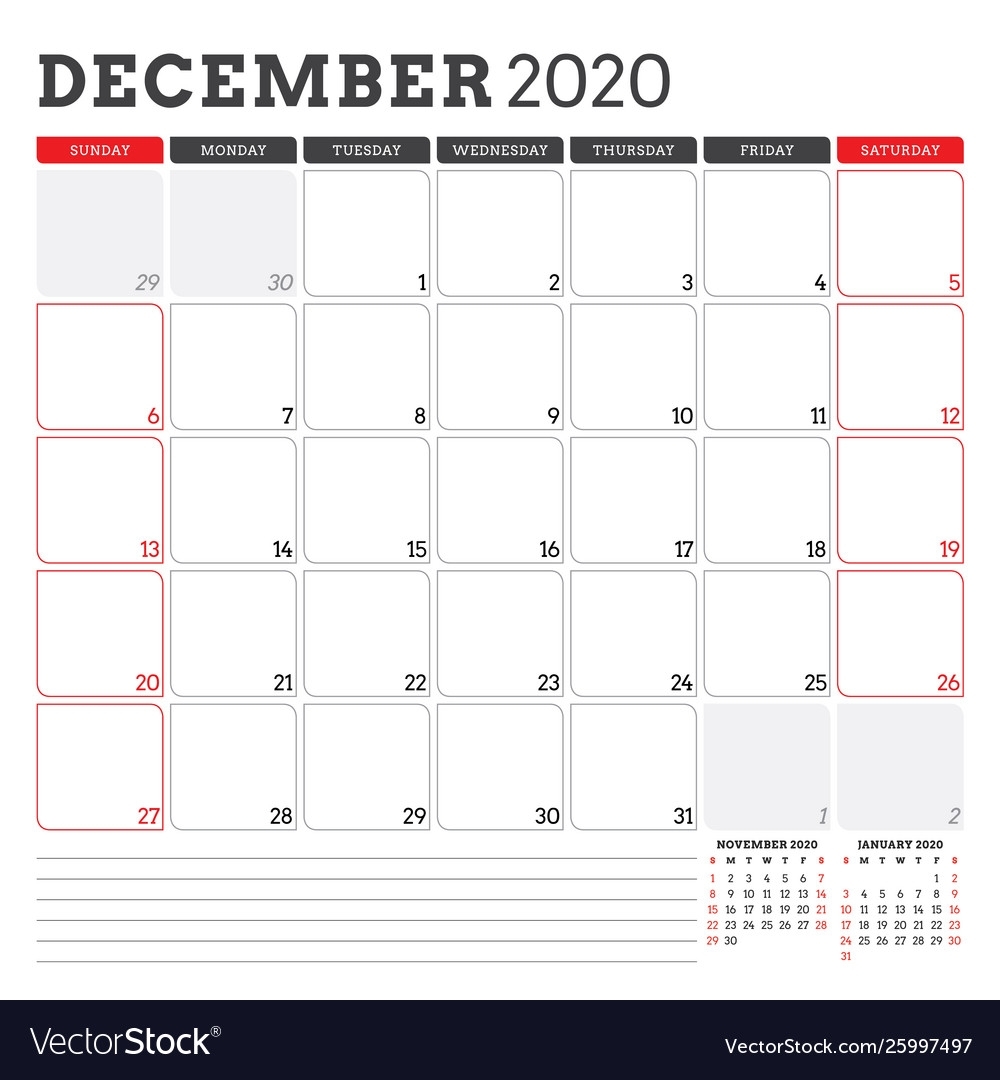 Calendar Planner For December 2020 Week Starts On