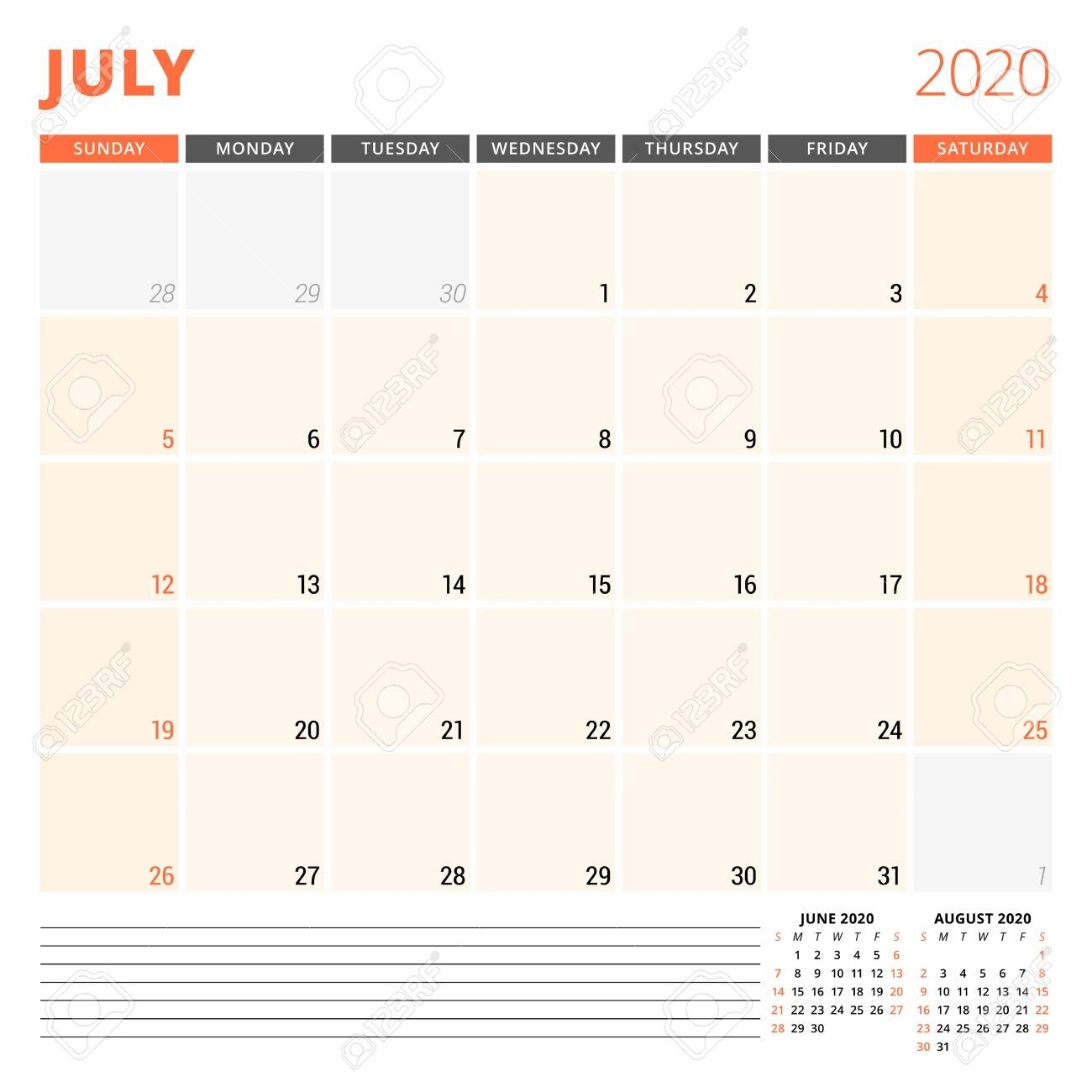 Calendar Planner For July 2020. Stationery Design Template. Week..