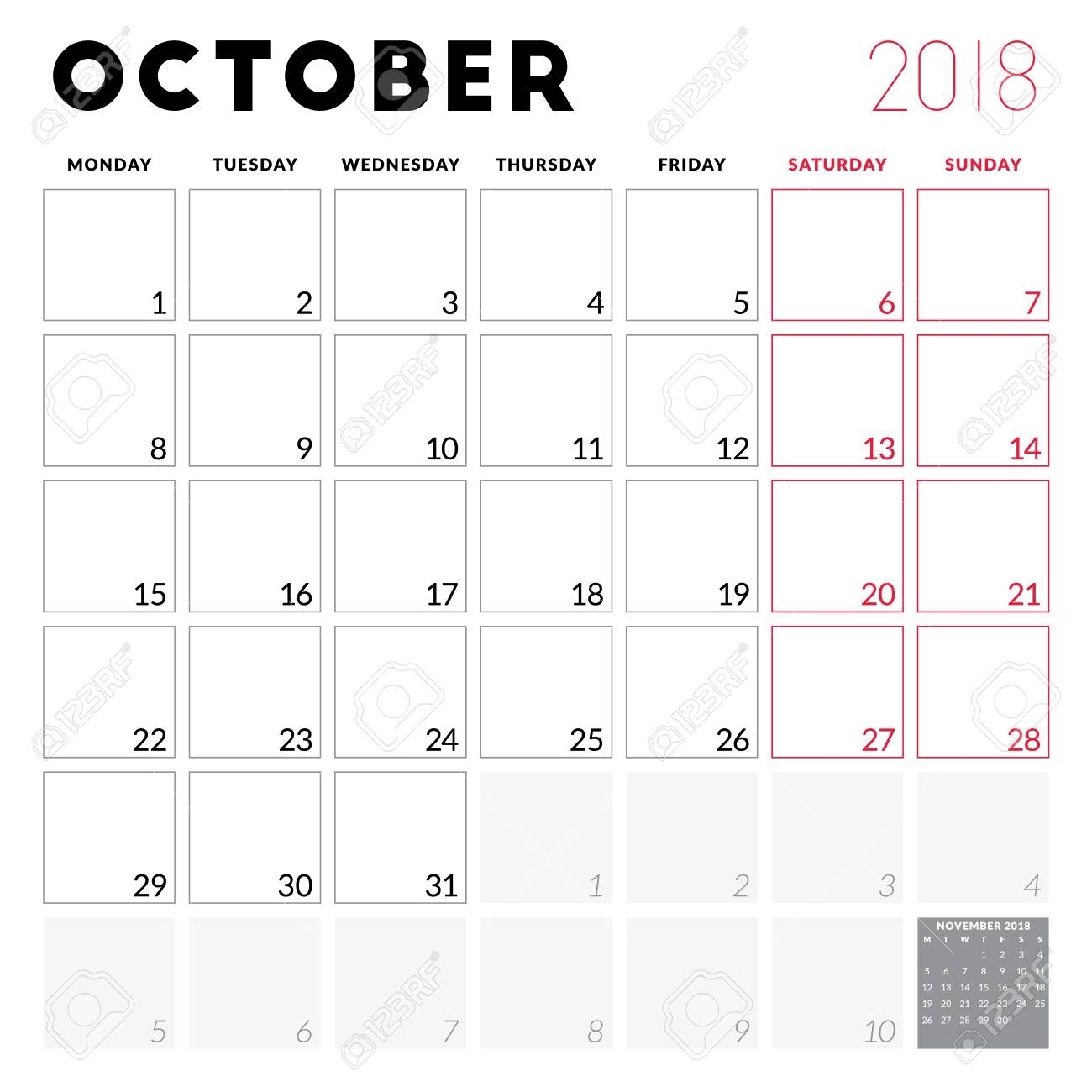 Calendar Planner For October 2018. Week Starts On Monday. Printable..