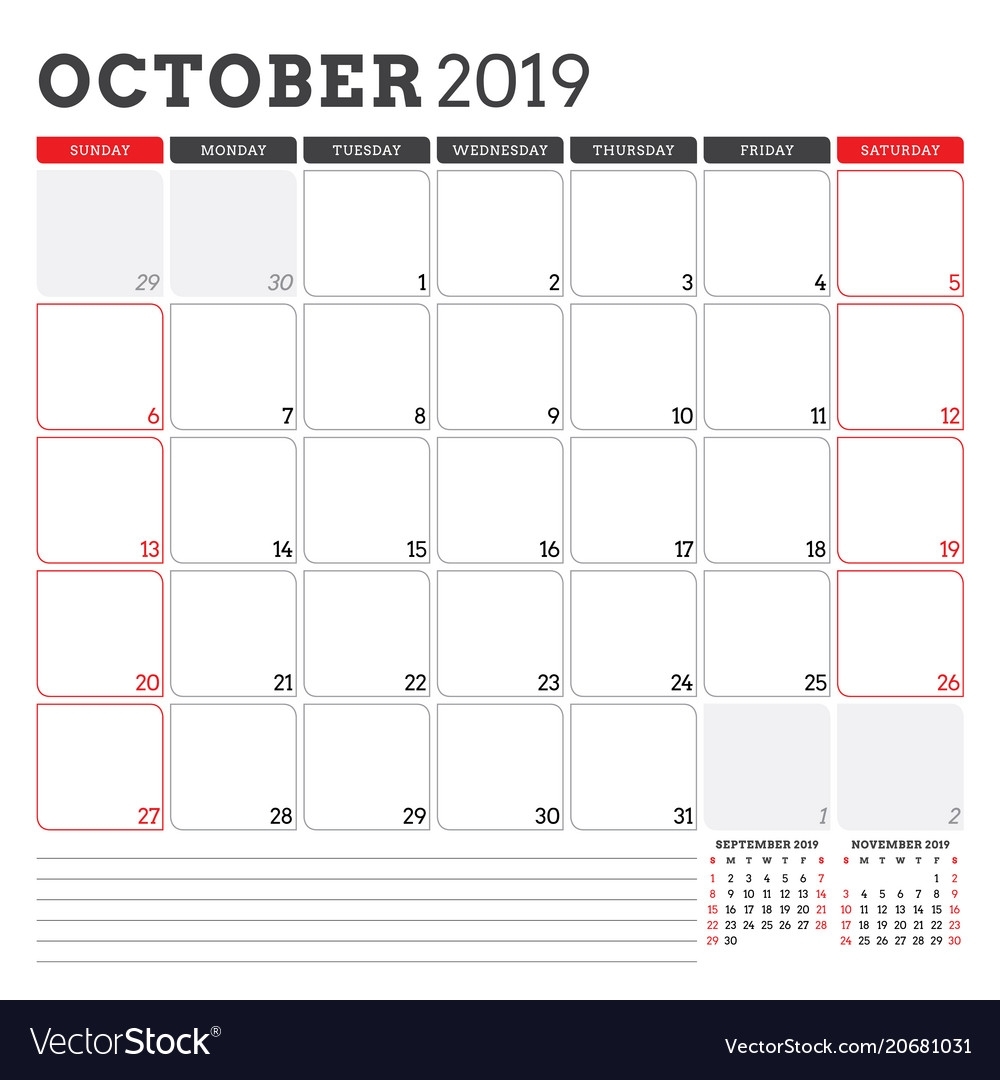 Calendar Planner For October 2019 Week Starts On