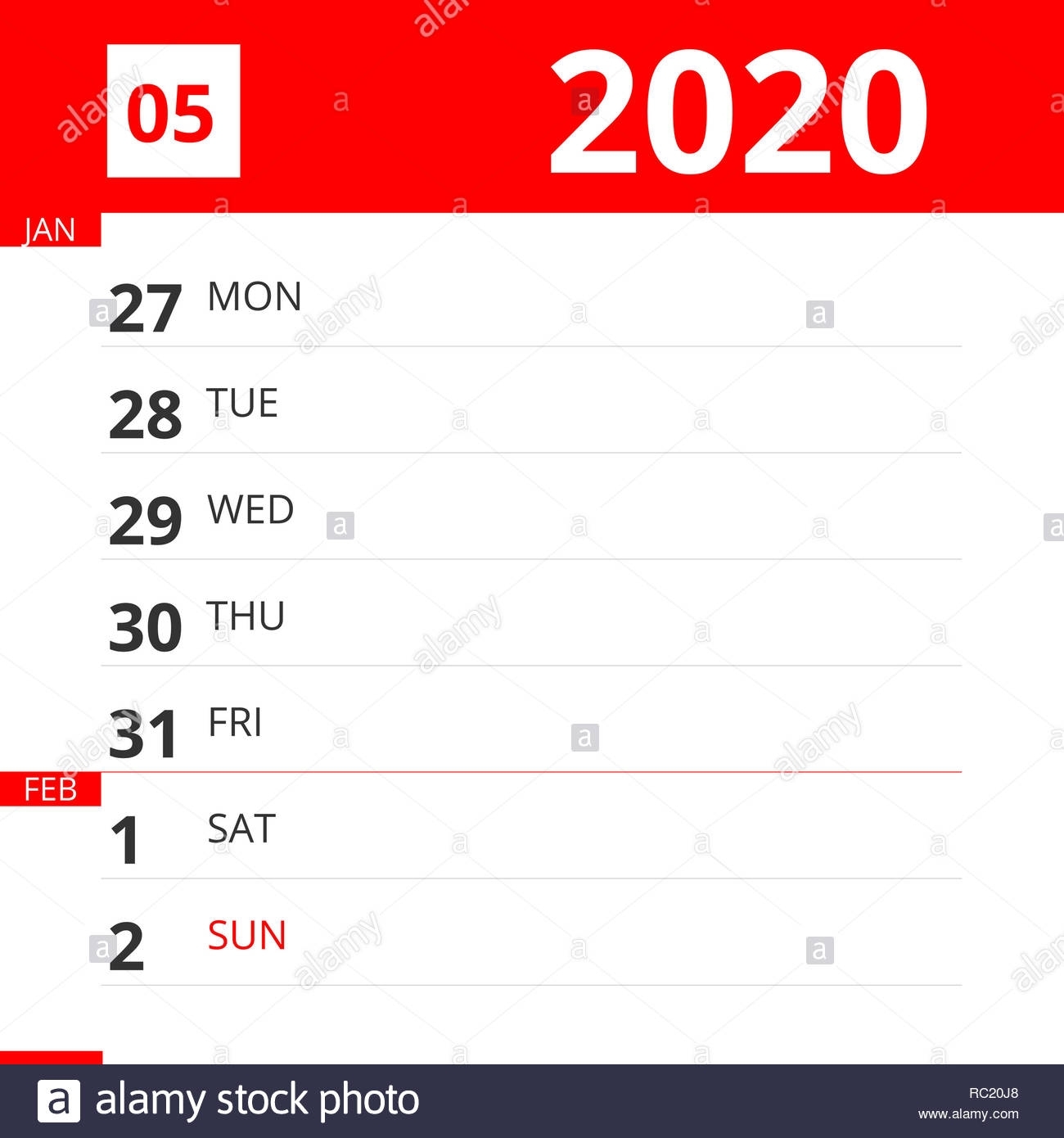 Calendar Planner For Week 05 In 2020, Ends February 2, 2020