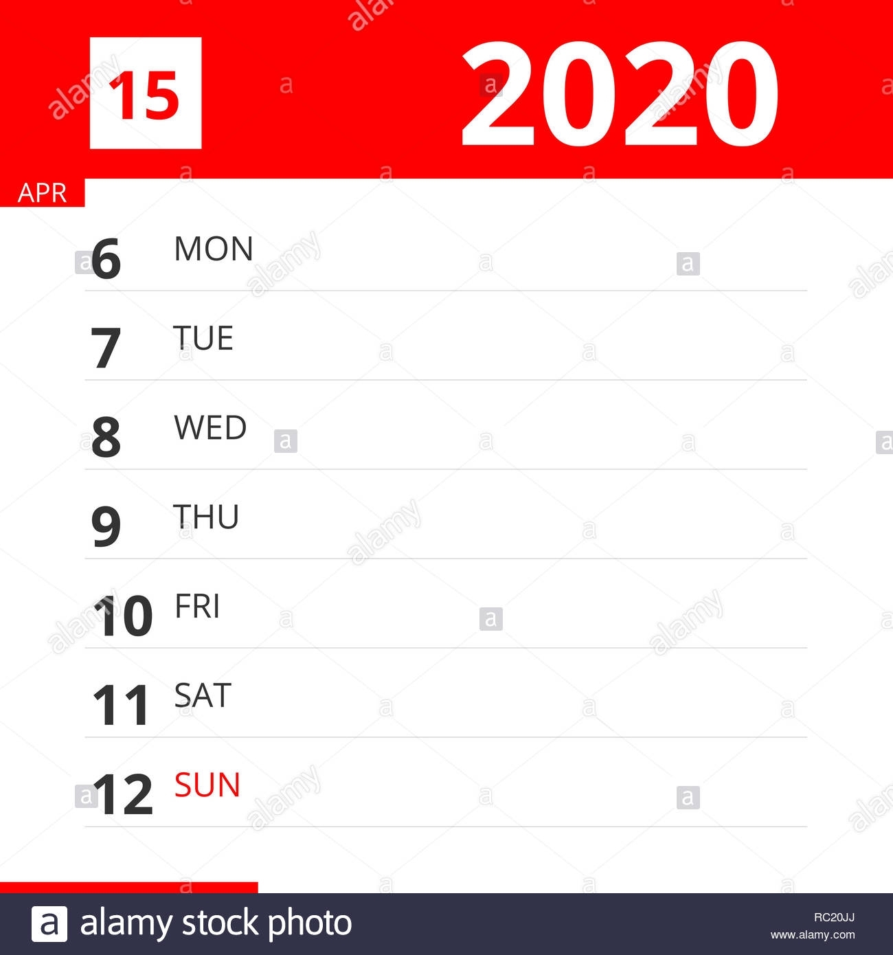 Calendar Planner For Week 15 In 2020, Ends April 12, 2020