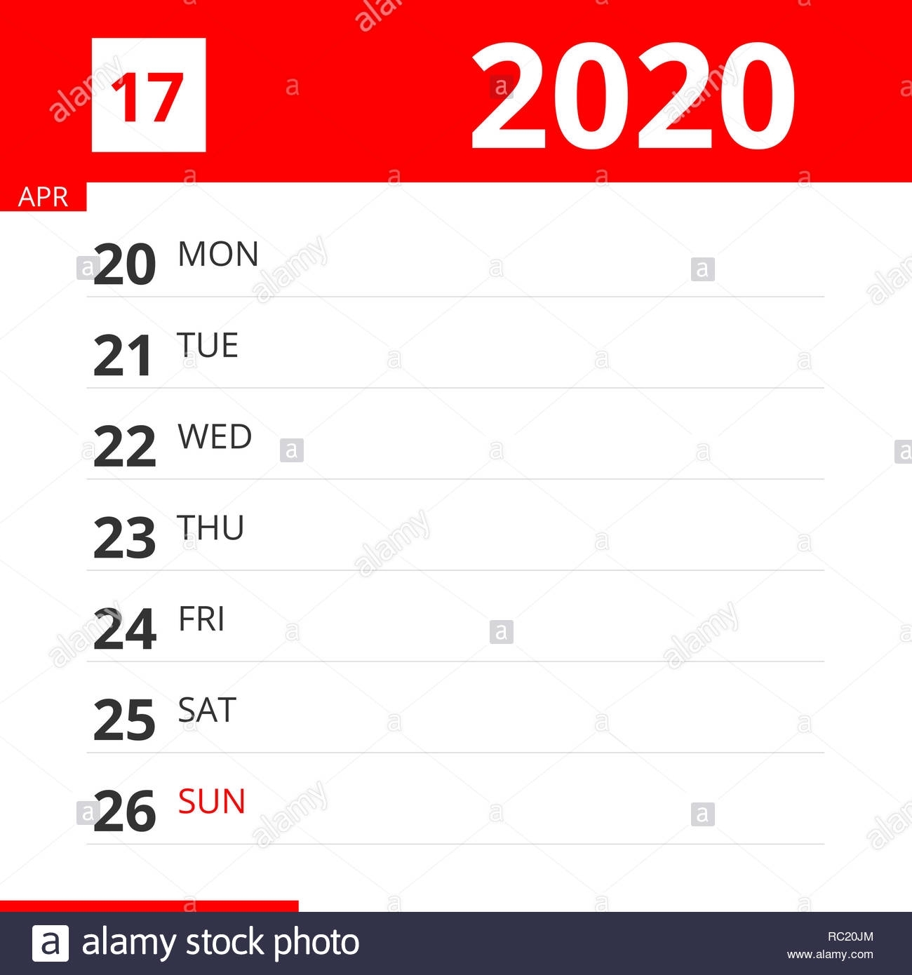 Calendar Planner For Week 17 In 2020, Ends April 26, 2020