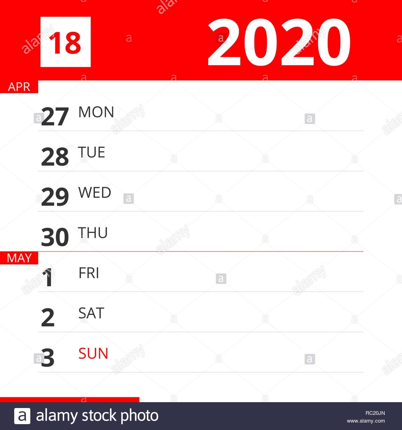 Calendar Planner For Week 18 In 2020, Ends May 3, 2020 Stock