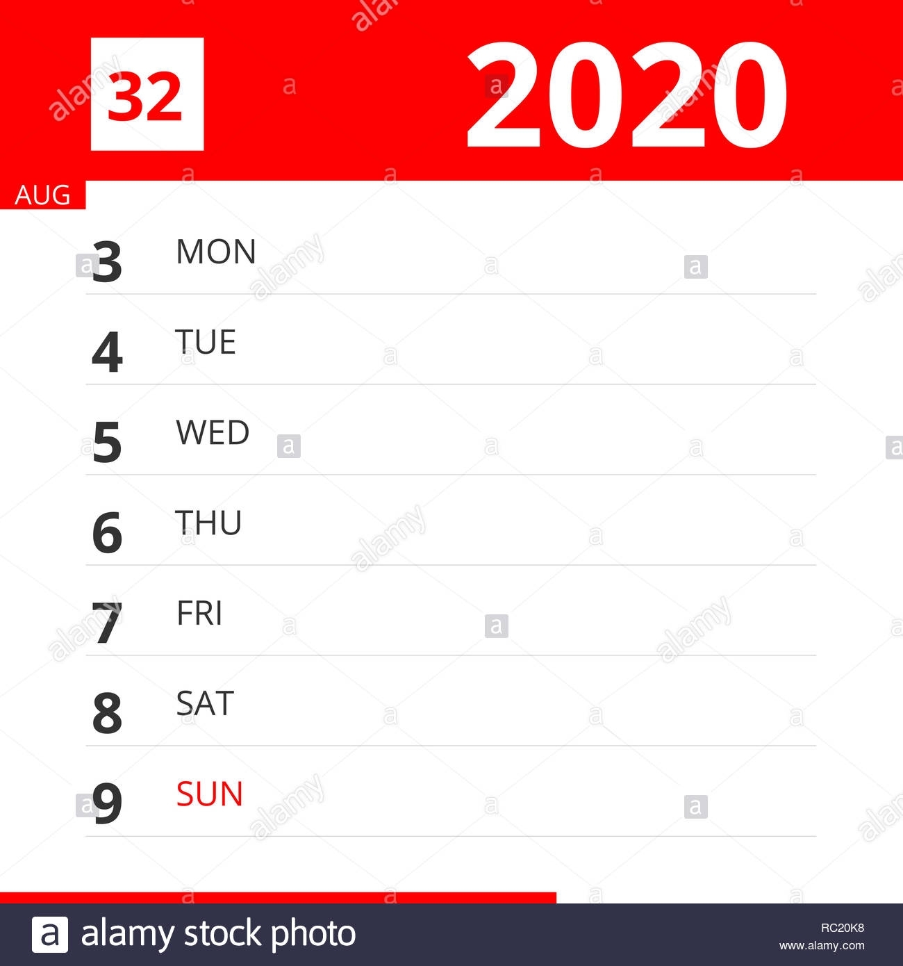 Calendar Planner For Week 32 In 2020, Ends August 9, 2020