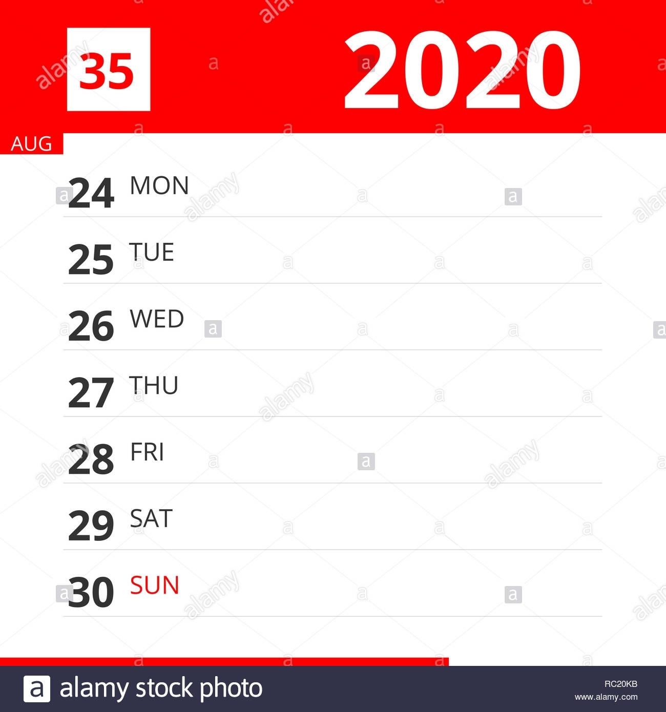 Calendar Planner For Week 35 In 2020, Ends August 30, 2020